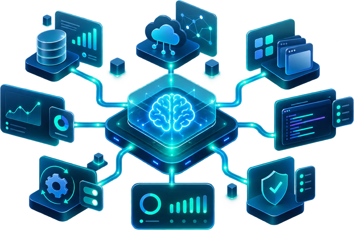 Arquitetura de IA em operação: bases de dados, nuvem, aplicações, painéis, automação, monitoramento e segurança conectados a um núcleo central de inteligência artificial.